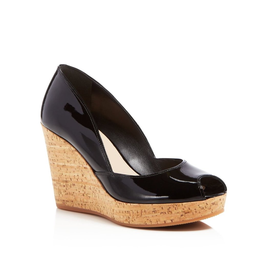 New! Via Spiga black patent leather & cork open toe wedge sandal / shoe (size 8)